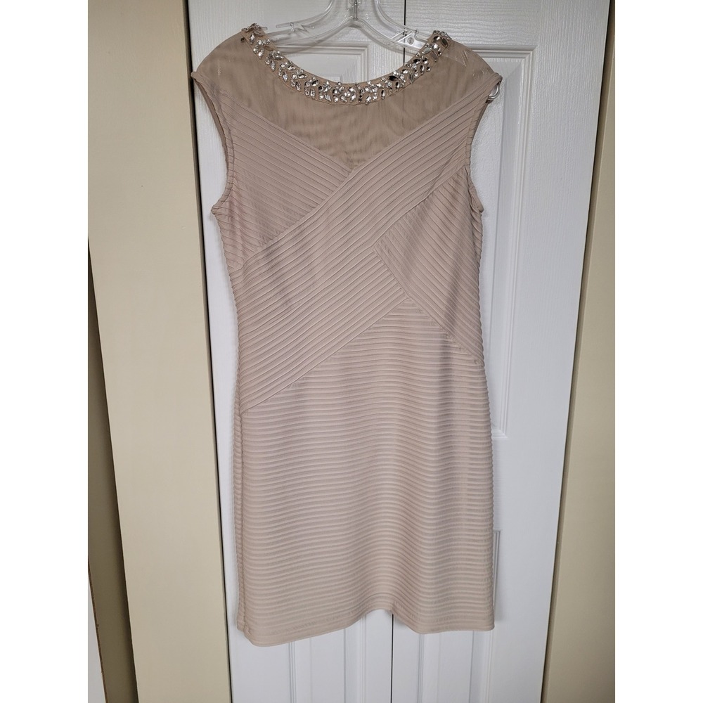 Beige Rhinestone Mesh Neck Chic Ribbed BodyCon Cocktail Dress Womens Size 10